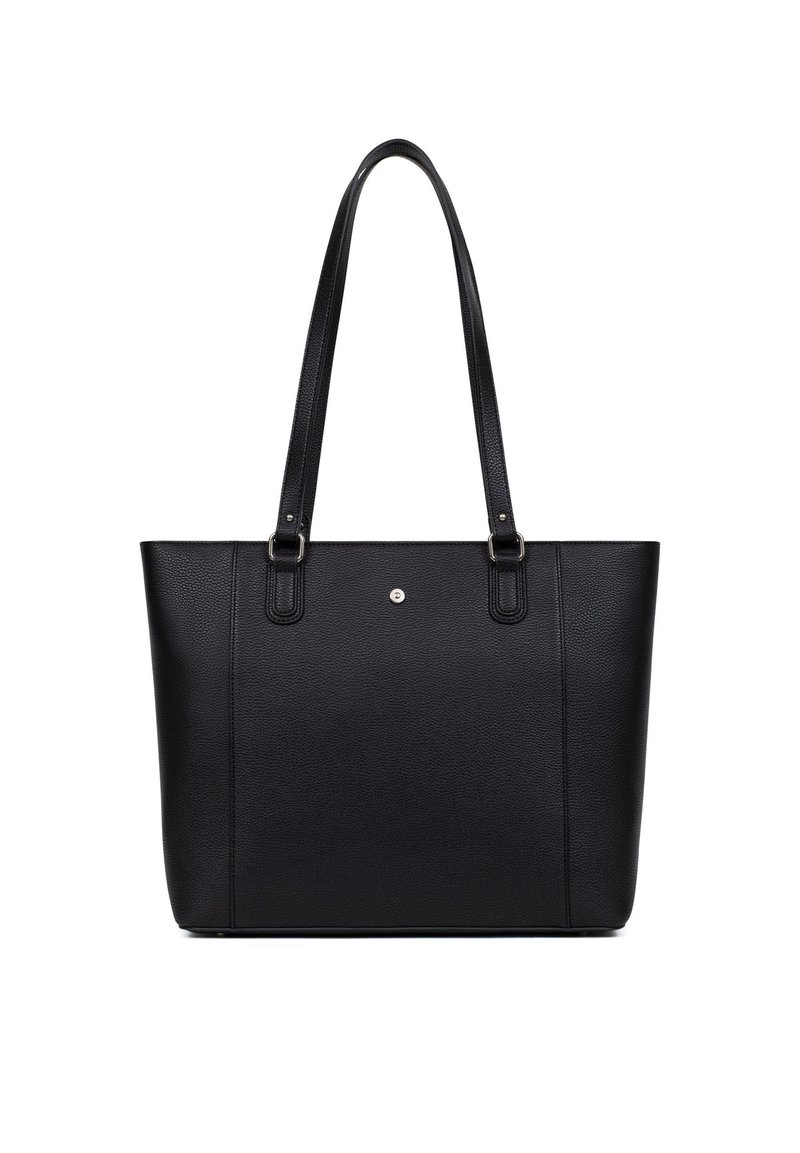 Borsa tote nera in pelle con due manici lunghi, superficie testurizzata e un piccolo dettaglio con il logo centrale. Cuciture verticali che accentuano i lati.