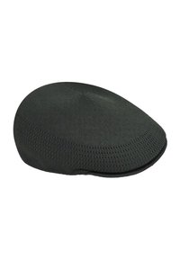 Cappello di maglia verde scuro con una forma arrotondata, caratterizzato da un motivo testurizzato e un bordo liscio, realizzato in materiale flessibile.