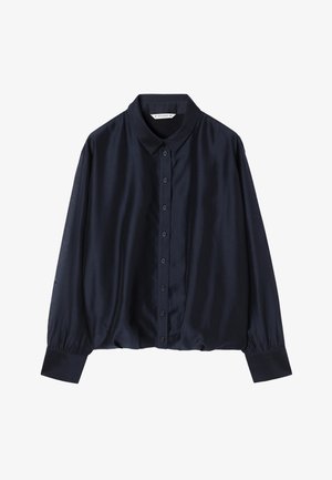 Sort langærmet bluse med knapper og klassisk krave samt opsmøgede ærmekanter, lavet af glat, let stof.