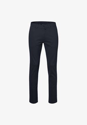 Navyblauwe broeken van soepel materiaal, met een knoop- en ritsluiting, voorzakken en een slim-straight snit.