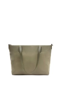 Olive zelená taška cez rameno vyrobená z textúrovanej syntetickej látky. Má dva pevné popruhy a zips na vrchu. Jednoduchý, priestranný dizajn.
