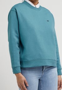 Sudadera de color azul verdoso hecha de una suave mezcla de algodón con cuello y puños acanalados, que presenta un pequeño logotipo en el pecho y un diseño de corte relajado.