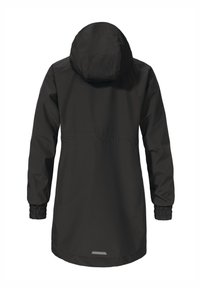 Schwarze wasserdichte Jacke mit Kapuze, langen Ärmeln, elastischen Bündchen und tailliertem Schnitt. Glatte Textur, minimalistisches Design, keine sichtbaren Muster.