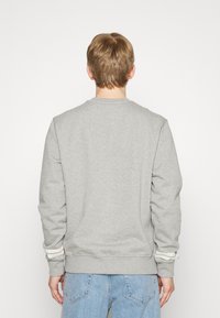 Gray sweatshirt with long sleeves and a round neckline. Ribbed cuffs and hem, soft texture, and a minimalist design.