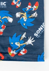 Tissu bleu présentant des illustrations de Sonic le Hérisson dans diverses poses, avec un fond bleu foncé et des détails de logo blancs.