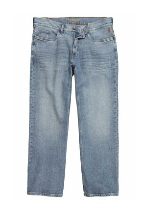 Hellblaue Jeans aus Denim mit vorderen Taschen, Knopfverschluss, Reißverschluss und dezenten, ausgewaschenen Details an den Beinen.