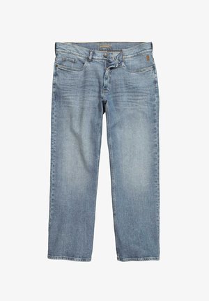 Hellblaue Jeans aus Denim mit vorderen Taschen, Knopfverschluss, Reißverschluss und dezenten, ausgewaschenen Details an den Beinen.