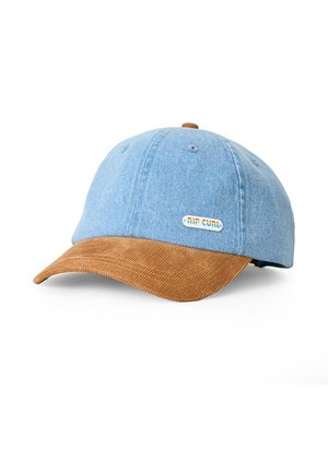 Hellblaues Denim-Cap mit braunem Corduroy-gebogenem Schirm und kleinem "Rip Curl" Markenpatch auf der Vorderseite.