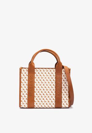 Bolso tote Pikolinos marrón y blanco con patrón de pájaros, asas de cuero y una correa de hombro desmontable.