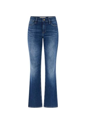 Blue high-waist jeans with slight fading on thighs and knees, front button and zipper, belt loops, and five-pocket design.