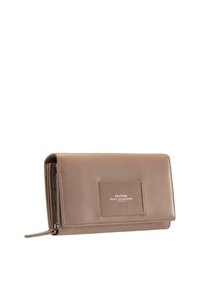 Portafoglio in pelle marrone chiaro, con una finitura testurizzata, una patch con logo anteriore e una chiusura con zip. Design compatto con una silhouette pulita.