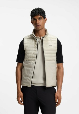 Mand iført en beige dunvest over en sort kortærmet skjorte og en lysebeige polo, stående mod en ensfarvet hvid baggrund.
