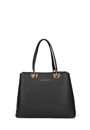 Zwarte leren handtas met dubbele handvatten, gouden beslag en het "pierre cardin"-logo in het midden aan de voorkant.