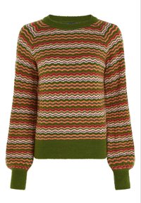Stickad tröja med ett vågigt mönster i grönt, orange, rosa och vitt. Ribbad mudd och halsringning. Mjuk textur med en avslappnad passform.