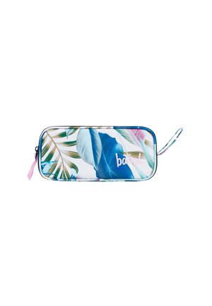 Federmäppchen mit einem tropischen Blattdesign in Blau, Grün und Pink, ausgestattet mit einem Reißverschluss und einem pinken Akzentanhänger. Die Form ist rechteckig.