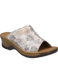 Open-toe slip-on sandal featuring a floral pattern in gray and gold on a light background, with a cushioned brown insole and low wedge heel.