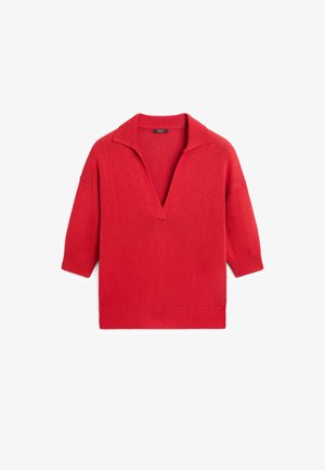 Maglione rosso lavorato a maglia con maniche a tre quarti e scollo a V profondo, caratterizzato da polsini e bordo a coste.