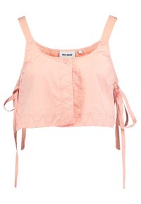 Roze cropped top met verstelbare schouderbanden, knoopsluiting en zijstrikjes. Glad, lichtgewicht materiaal met een gestikt patroon aan de onderrand.