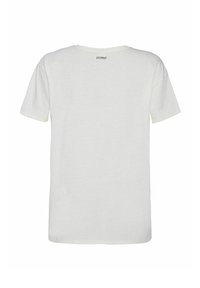 Witte katoenen t-shirt met korte mouwen, ronde hals, een ontspannen pasvorm en een klein logo bedrukt op de achterkant van de hals. Gladde textuur.