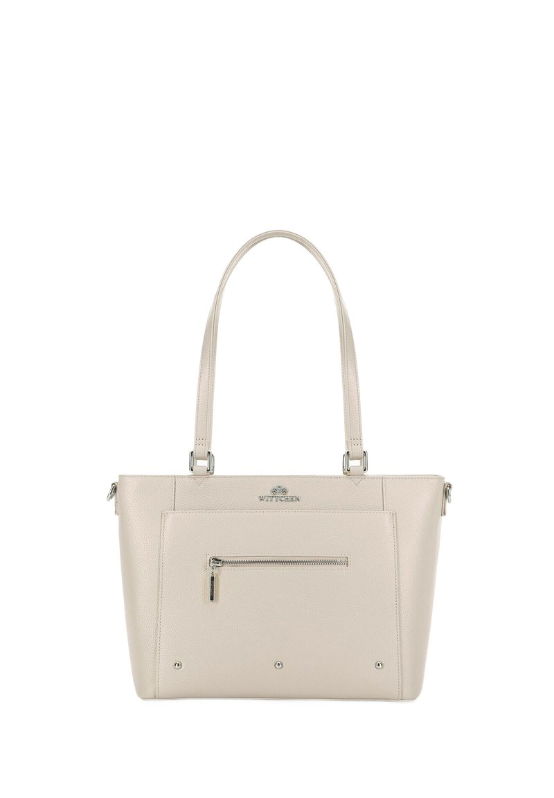 Borsa a spalla in pelle beige con due manici, superficie texturizzata, tasca con zip frontale e hardware in tonalità argento. Logo visibile nella parte superiore.