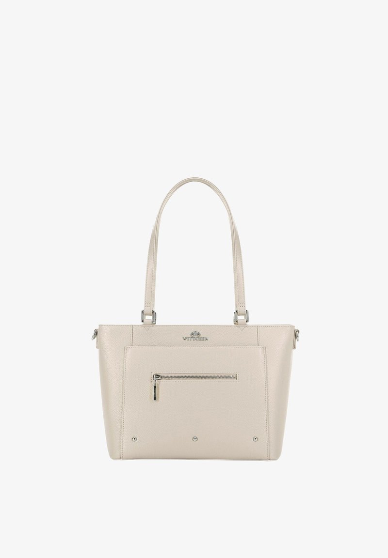 Beige leren tote bag met twee handvaten, een gestructureerd oppervlak, een voorvak met rits en hardware in zilverkleur. Logo weergegeven aan de bovenkant.