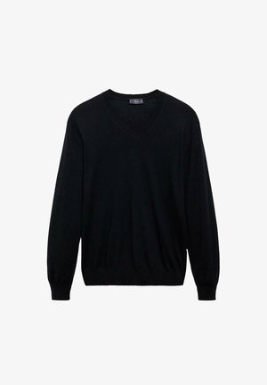 Czarny sweter z długim rękawem w serek, z prążkowanymi mankietami i dolnym obszyciem, na białym tle.