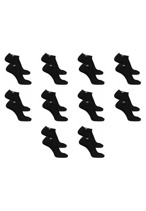 Dix paires de chaussettes noires coupées à la cheville disposées en deux rangées sur un fond blanc, chaque paire montrant la vue latérale avec un petit logo sur le bord.