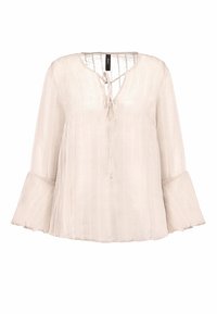 Helles beige Bluse mit V-Ausschnitt und Bindedetail. Verfügt über lange Glockenärmel und einen strukturierten Stoff mit vertikalen Streifen.