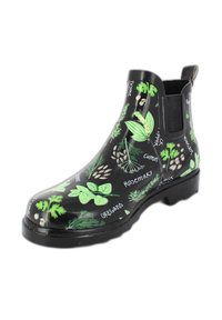 Zwarte rubberen Chelsea-boot met groene kruidillustraties en tekst, elastische zijpaneel en een gestructureerde zool voor grip.