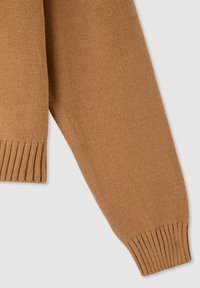 Manica di un maglione marrone lavorato a maglia con motivo strutturato, polsini a costine e vestibilità rilassata. Materiale morbido con una tonalità calda e neutra.