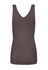 Tumes V-kaelusega tank top tumes pruunis, valmistatud ribakudumist. Omab kehaümberpööravat lõiget, laiad õlavarre rihmad ja tekstureeritud pinna.