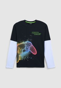 Czarna koszulka z długim rękawem i białymi rękawami; zawiera kolorową grafikę kontrolera do gier oraz napis "NACIŚNIJ START" na zielono.