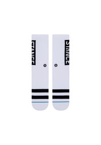 White socks with black stripes and "STANCE" logo, featuring a solid texture and a light blue accent at the ankle.