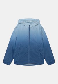 Niebieska gradientowa kurtka z kapturem, zapinana na zamek, z dwoma bocznymi kieszeniami i elastycznymi mankietami. Wykonana z gładkiego, lekkiego materiału.