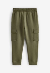 Olivgrüne Cargo-Hosen aus weichem Stoff, mit einem elastischen Bund und zwei Seitentaschen mit Klappen.