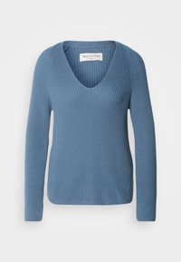 Pull tricoté bleu clair à manches longues et col en V, présenté de face sur un fond uni.