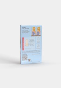 Opakowanie Secret Lift Covers pokazujące cechy produktu, ilustracje kobiety przed i po oraz instrukcje użytkowania z kodem QR.