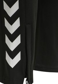 Zwarte sportshorts met witte chevronstrepen aan de zijkant, gemaakt van een gladde, stretchstof met een ritszakdetail.