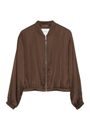 Brązowa satynowa kurtka bomber z zamkiem z przodu, elastycznymi mankietami i elastyczną talią, z okrągłym kołnierzem i długimi rękawami.