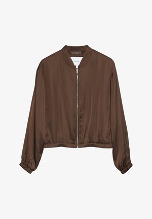 Brązowa satynowa kurtka bomber z zamkiem z przodu, elastycznymi mankietami i elastyczną talią, z okrągłym kołnierzem i długimi rękawami.