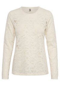 Spetstopp med långa ärmar i off-white med blommönster, rund halsringning och scallopade manschetter. Lätt, semi-transparent textur.