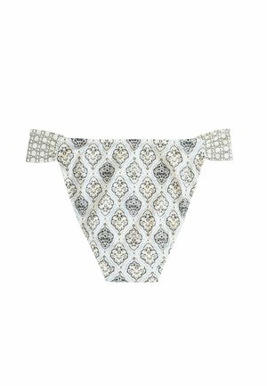 Culotte bikini con motivo geometrico in nero e giallo su sfondo azzurro; elastico in vita con un accento stampato.