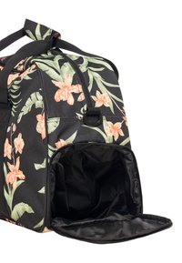Zwarte tas met tropisch bloemenpatroon in roze en groen, voorzien van een ritssluiting en een ruime zwarte binnenkant. Inclusief stevige handvatten.
