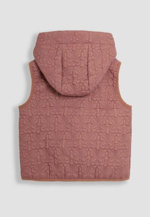 Gequilted vest met een capuchon in een stoffige rozenkleur, met een bloempatroon en elastische afwerking langs de armsgaten. Textuur aan de oppervlakte voegt detail toe.