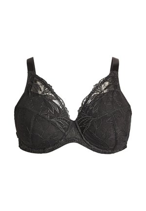 Sort blonder-BH med blomstret broderi, justerbare stropper og bøjleunderstøttelse, vist mod en hvid baggrund.