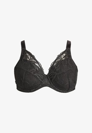 Schwarzer Spitzen-BH mit Blumenstickerei, verstellbaren Trägern und Bügelunterstützung, vor weißem Hintergrund präsentiert.