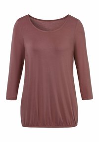 Langärmliges Oberteil in sanftem Mauve mit Rundhalsausschnitt und enganliegendem Saum, hergestellt aus weichem, dehnbarem Stoff. Glatte Textur, minimalistisches Design.