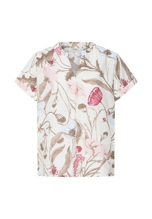 Valge lühikeste varrukatega pluus roosade, pruunide ja helesiniste toonidega lillemustriga, millel on väike krae ja ees nööpide sulgemine.