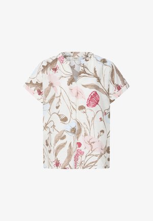 Witte blouse met korte mouwen met een bloemenpatroon in roze, bruin en lichtblauwe tinten, met een kleine kraag en een knoopsluiting aan de voorkant.
