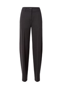 Charcoalgrijze op maat gemaakte broek met een rechte pijpdesign, voorzien van een flat front en subtiele textuur, gemaakt van lichtgewicht stof.